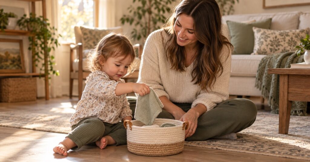 Toddler placing a washcloth into a low basket beside a seated adult.