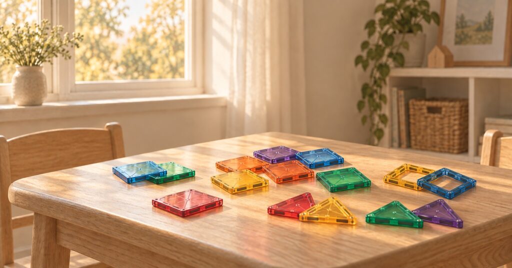 Editorial illustration of colorful magnetic squares, triangles and window frames laid flat on an oak play table