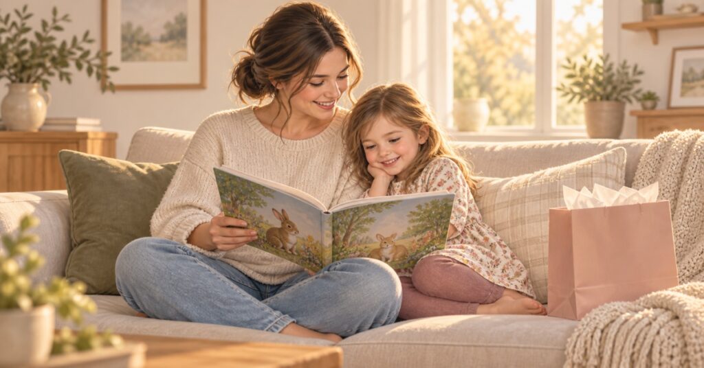 AI-generated illustration of a mother and preschool child reading a picture book beside a gift bag.