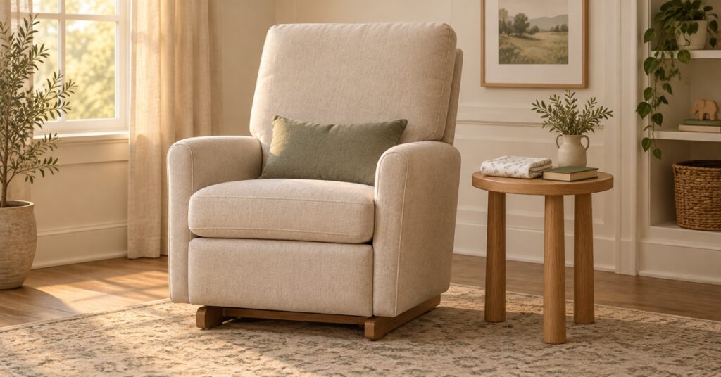 Editorial illustration of an empty nursery chair beside a small oak table in warm afternoon light
