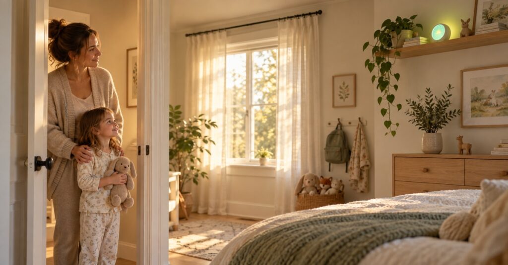 A mother and preschool daughter looking toward a softly glowing clock across the bedroom.