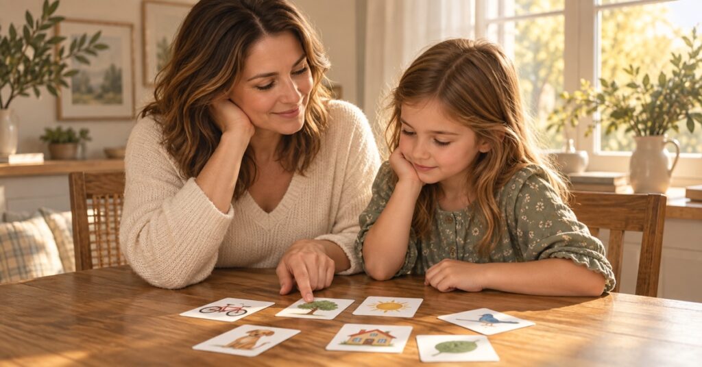 AI-generated family scene of a mother and school-age daughter examining picture cards together at a dining table.