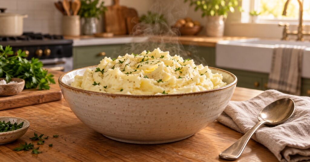 A bowl of smooth mashed potatoes on a warm family kitchen counter with simple cooking tools nearby