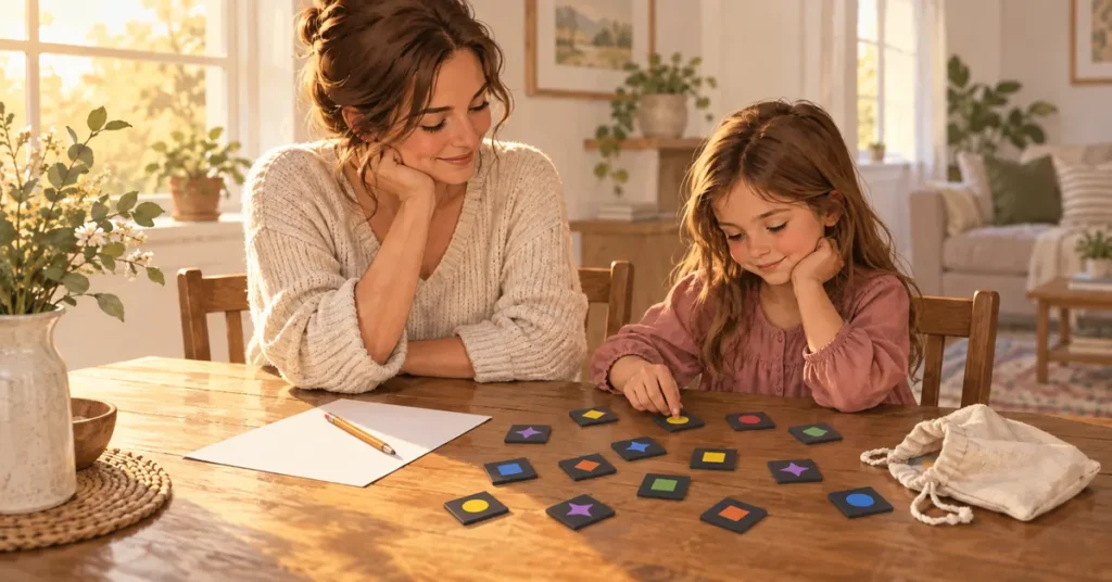 Editorial illustration of a mother and school-age daughter considering color-and-shape tiles at a dining table, with paper and a pencil nearby.