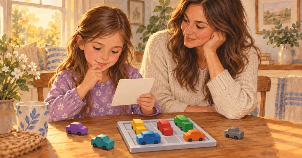 Child comparing Rush Hour Junior and Rush Hour logic games at a table
