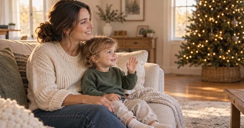 Mother sits beside a toddler waving toward Christmas lights across the living room.