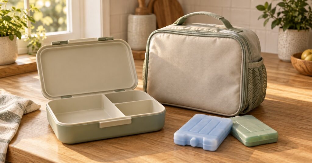 An empty bento box beside an insulated lunch bag and two ice packs on a kitchen counter.