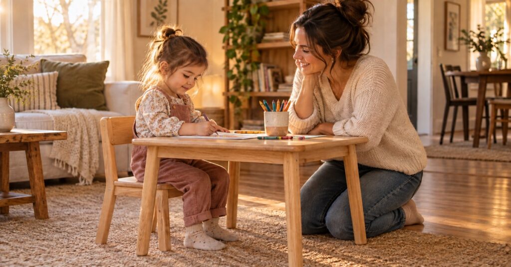 A preschool child coloring at a small wooden table with her mother kneeling beside her.