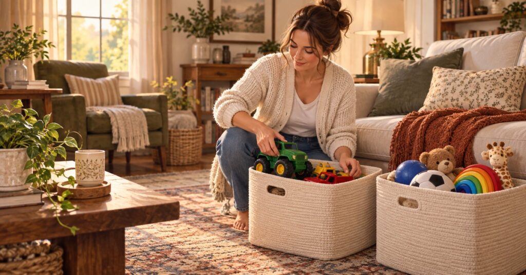 Illustration of a mother sorting colorful toys into open baskets beside a sofa.
