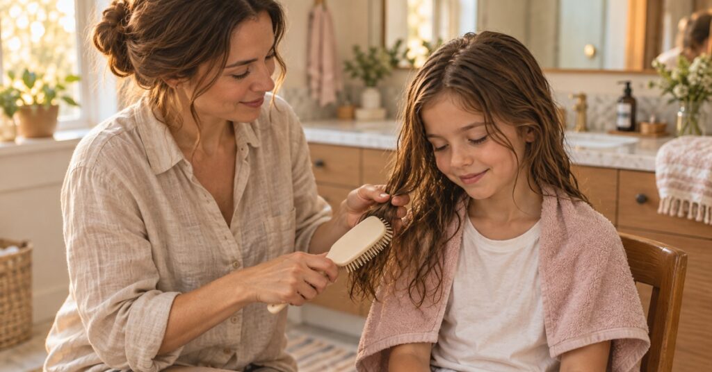A mother holds a section of her daughter’s damp hair while brushing the ends in a warmly lit bathroom.