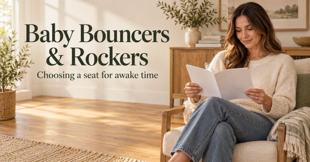 A parent reads a booklet before choosing a baby seat, beside clear floor space.