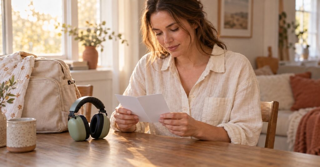 Parent checking an instruction leaflet beside hearing-protection earmuffs before an outing.