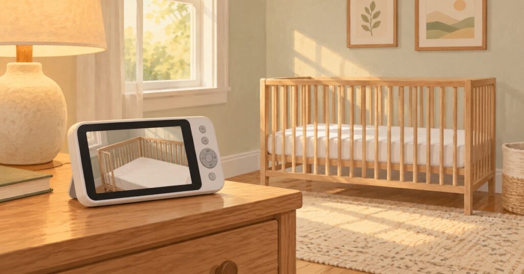 Illustration of a baby monitor beside an empty crib with a fitted sheet only.