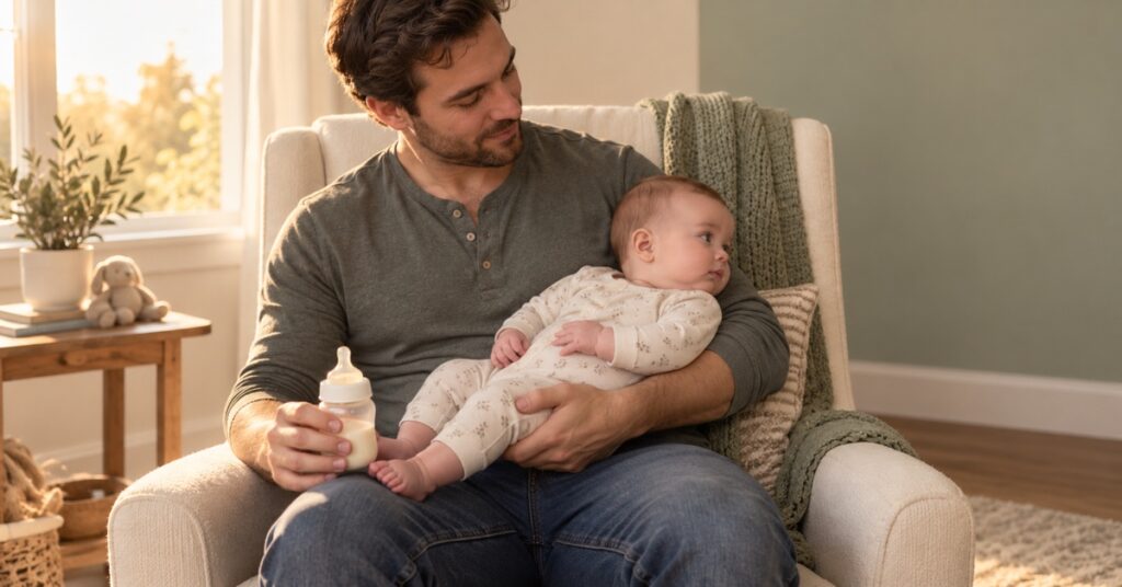 A father holds his awake baby securely and lowers the bottle while the baby looks away.