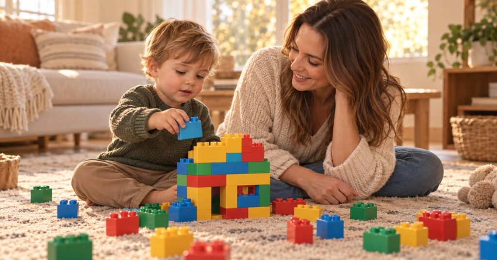 A mother and toddler building a colorful brick house together on a living-room rug.