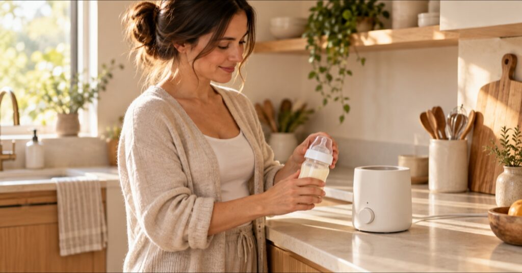 Parent holding a sealed baby bottle beside an unbranded bottle warmer on a kitchen counter
