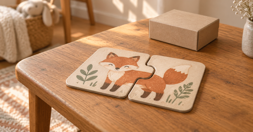 Illustration of a two-piece fox puzzle on a wooden table