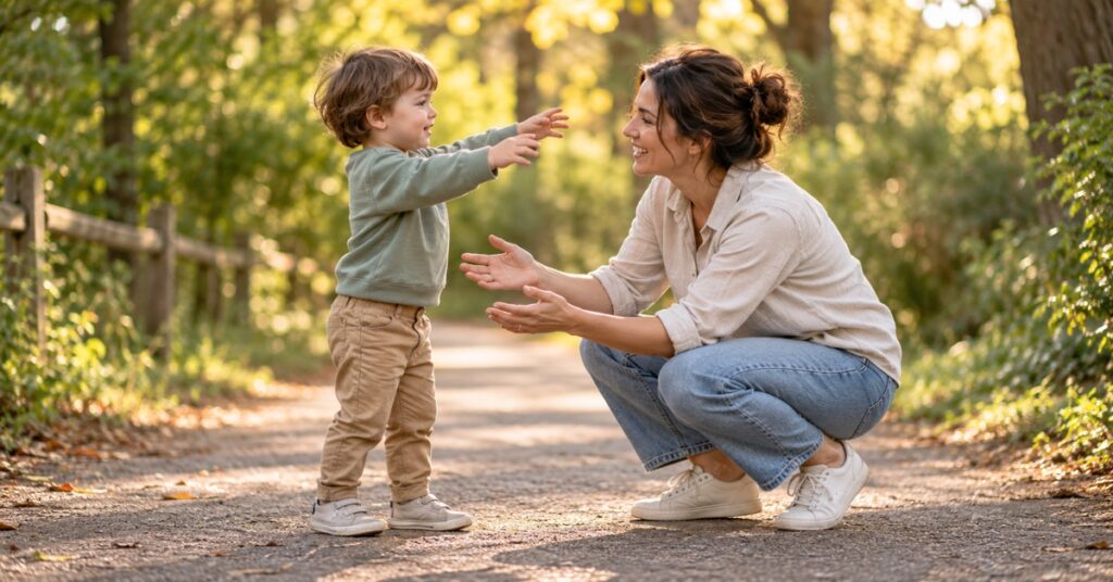 A toddler reaches toward his crouching mother to be picked up on a sunlit park path.
