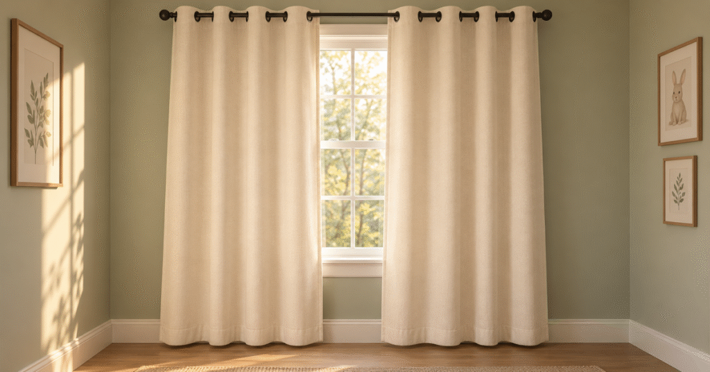 Cream curtains on a dark rod frame a sunlit window in a neutral nursery.