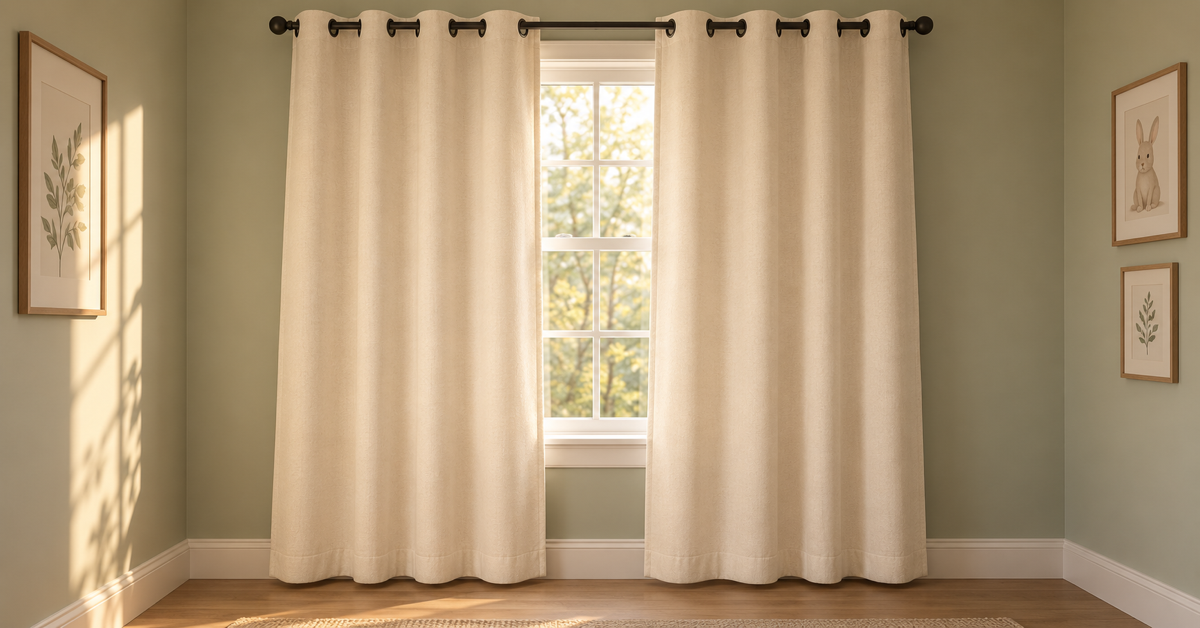 Cream curtains on a dark rod frame a sunlit window in a neutral nursery.