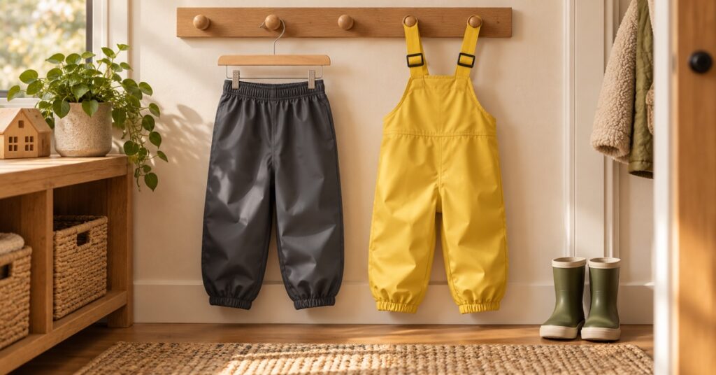 Illustration of pull-on rain pants and yellow rain bibs hanging beside children’s rain boots.