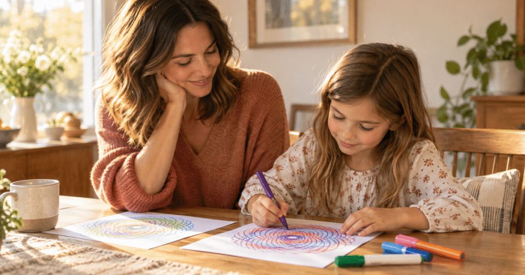Mother and daughter looking at colorful geometric drawings at a table