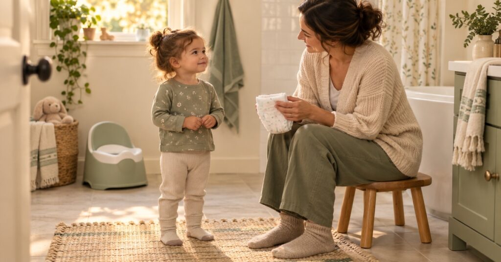 A parent holding a clean diaper talks calmly with a fully clothed toddler beside a potty.