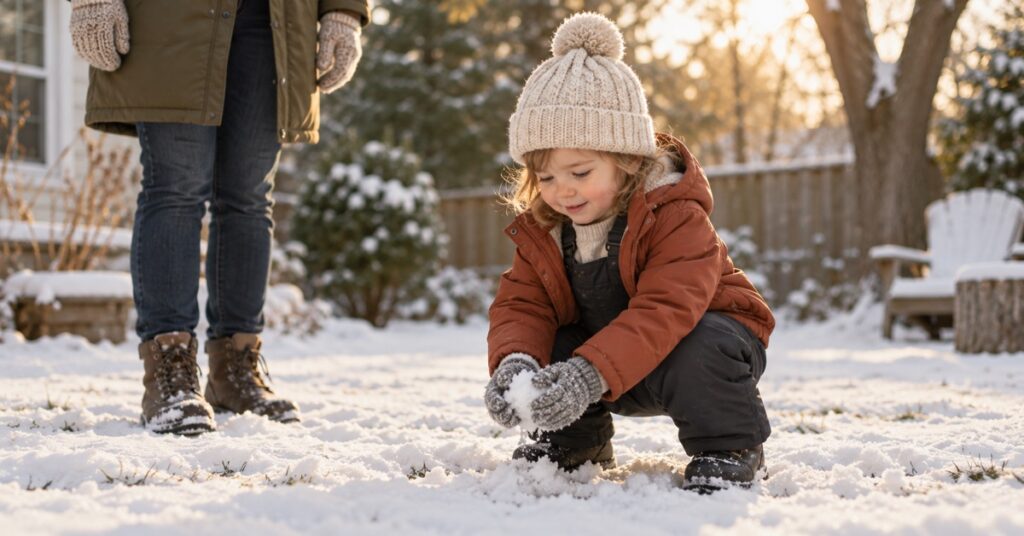 A toddler in black snow bibs crouches to gather snow while an adult stands nearby.