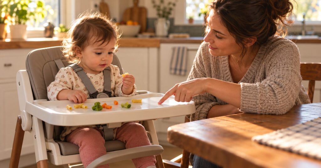 A parent points to a clear spot on a toddler’s high-chair tray while the child holds a piece of food.