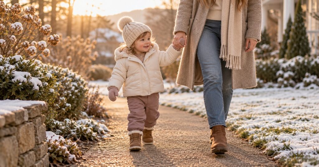 A toddler in winter boots holding a parent's hand on a path beside light snow.