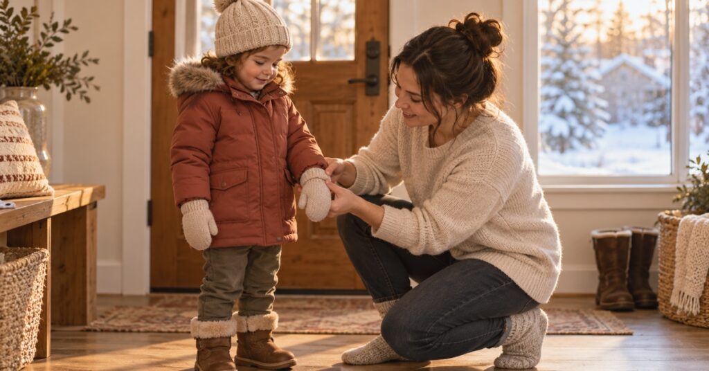 A parent checking a toddler’s plain mitten cuff beside a winter coat sleeve at an indoor doorway.