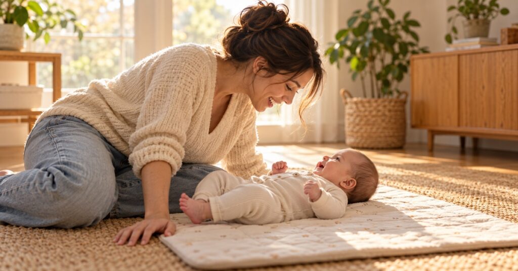 An awake baby lies on a floor mat looking at a smiling mother beside them.