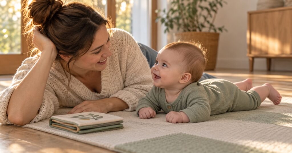 An awake baby rests on their forearms on a floor mat beside an attentive mother and a closed cloth book.