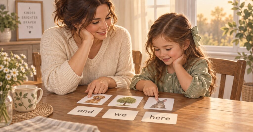 Conceptual illustration of a mother and child comparing picture cards and word cards at a sunlit table.